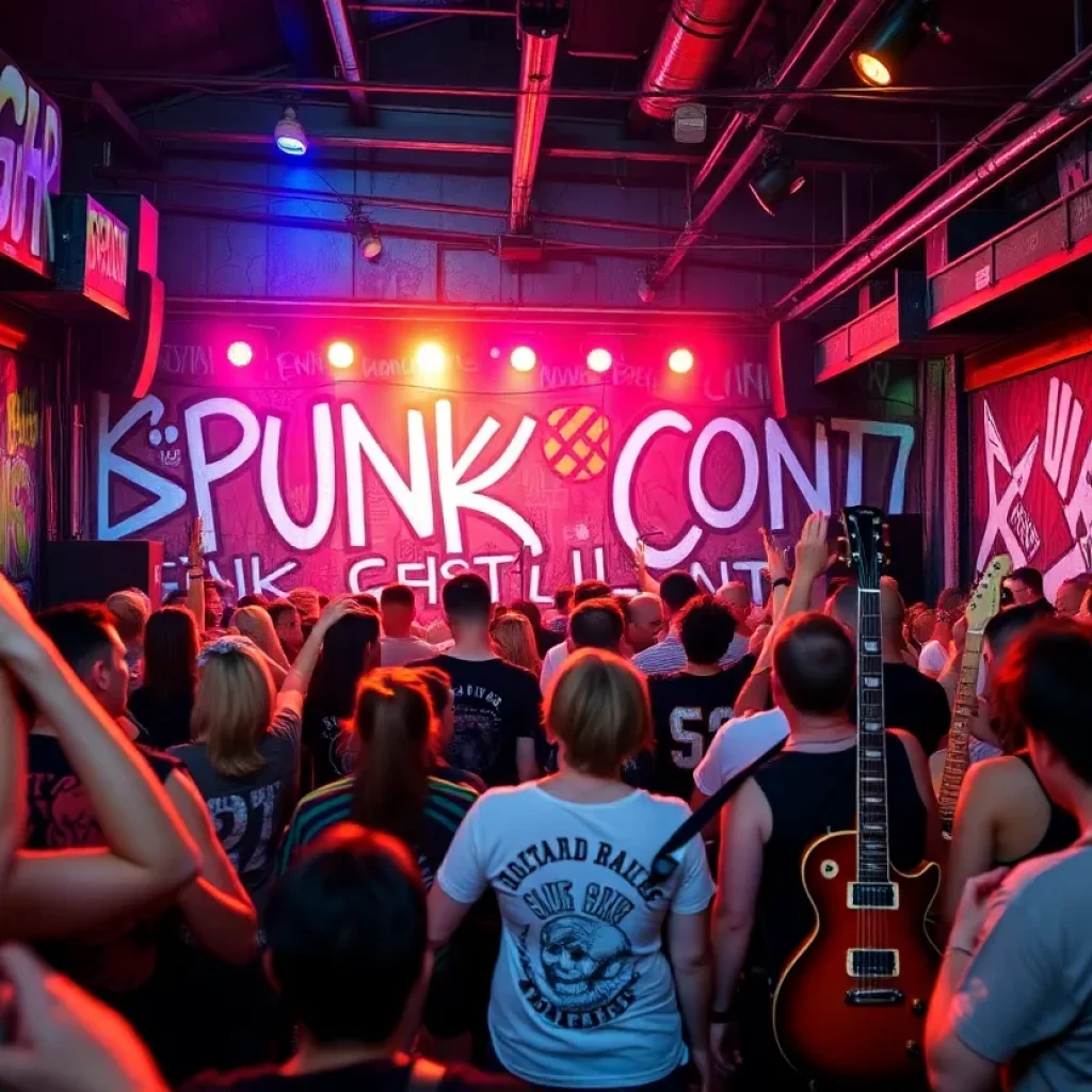 Illustration of punk rock culture in Orange County with guitars and concert vibes.