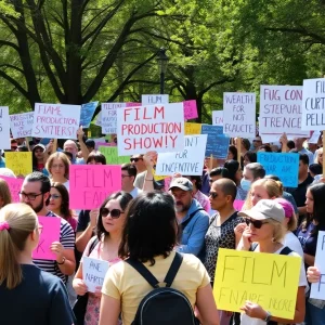 Group of people rallying for film tax incentives in California