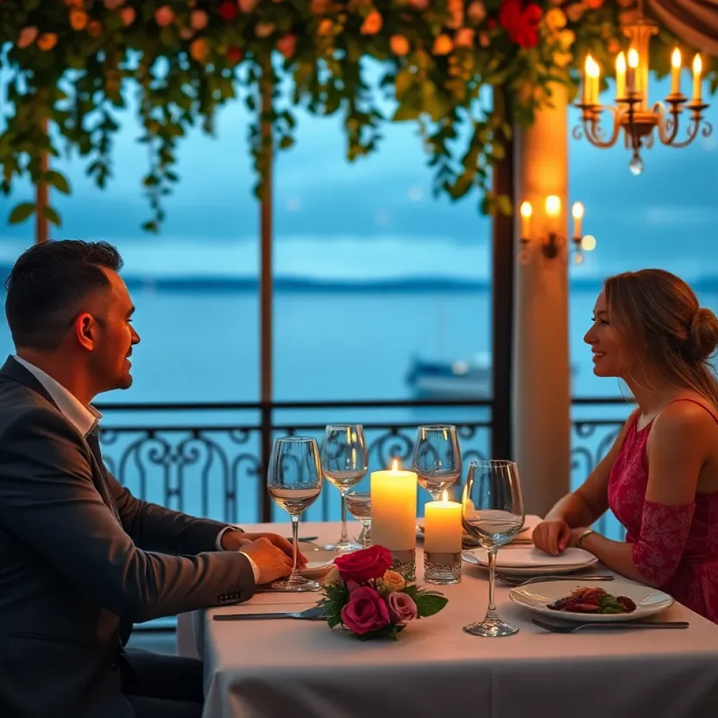 Couple enjoying a romantic dinner with a lake view