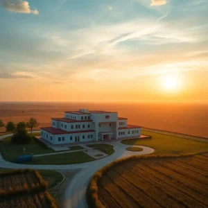 A rural hospital building surrounded by fields with a clear sky.