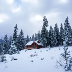 Snow-covered cabin in Sierra Nevada forest