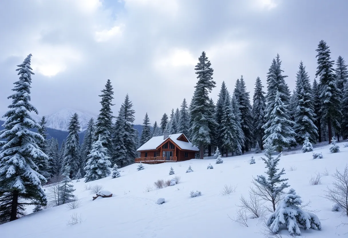 Snow-covered cabin in Sierra Nevada forest