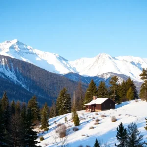 Winter landscape in Sierra Nevada mountains with snow and cabin