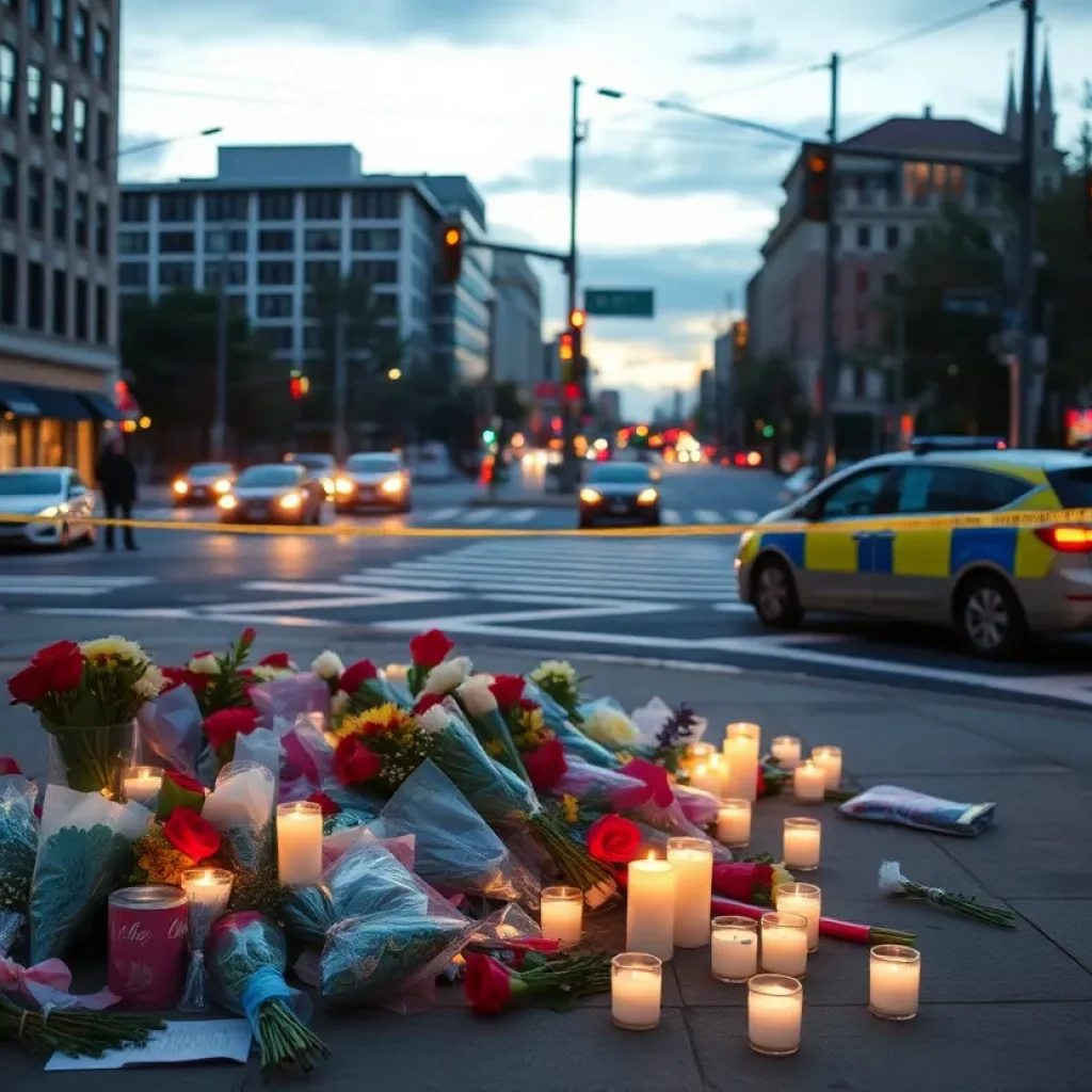 Tributes and flowers at a city intersection after a tragic shooting in Stanton.