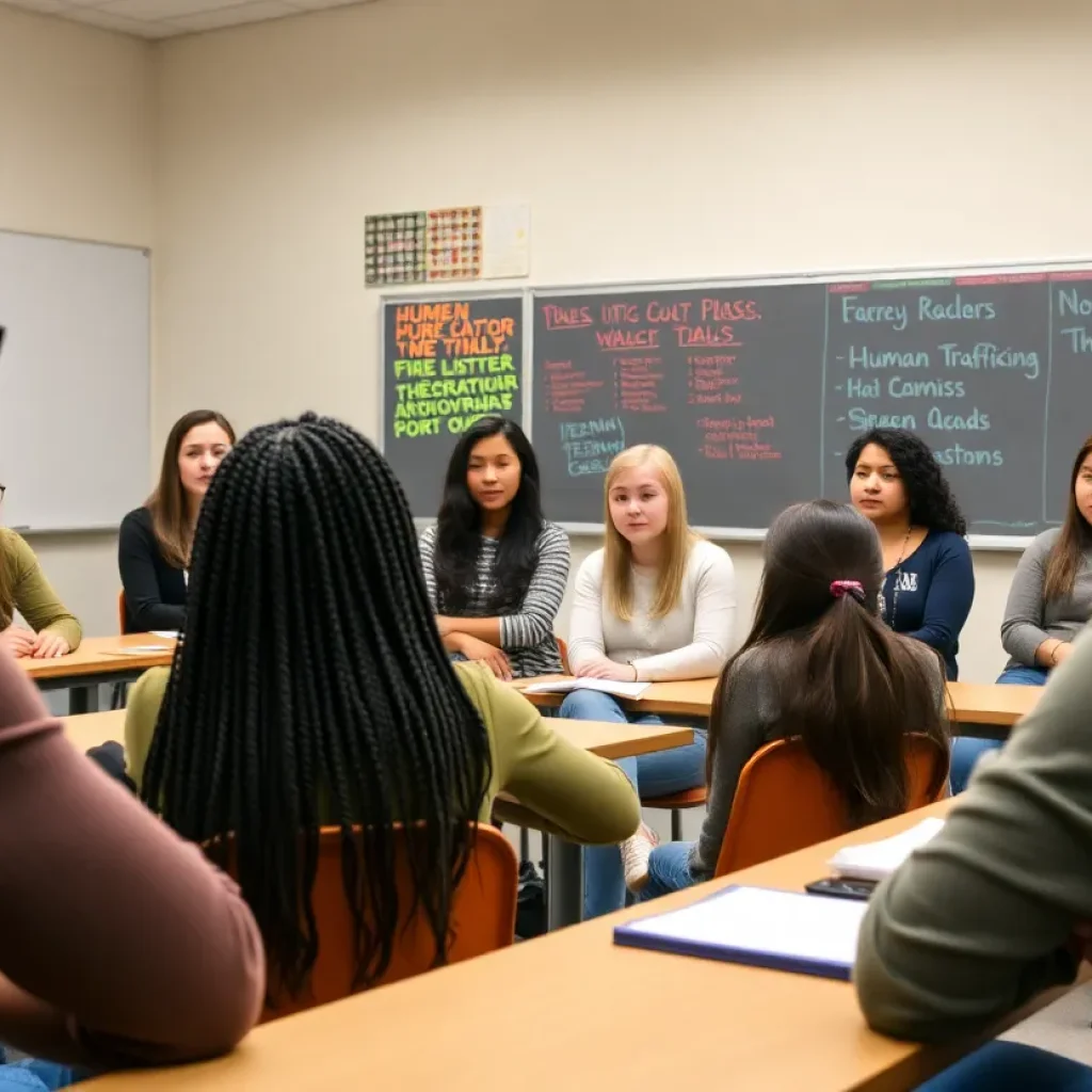 High school students participating in a human trafficking awareness program