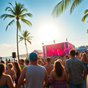 Crowd enjoying music at the Sun Soaked Festival on the beach