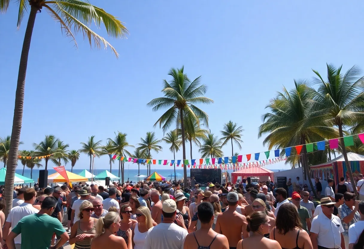 Crowds dancing and enjoying the Sun Soaked Festival at a sunny beach