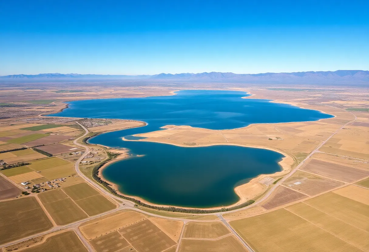 Aerial view of Tulare Lake in California showing vast water covering farmland.