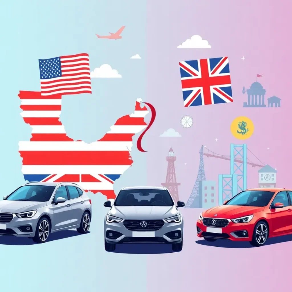 Illustration representing U.S. and UK trade agreement with economic symbols.