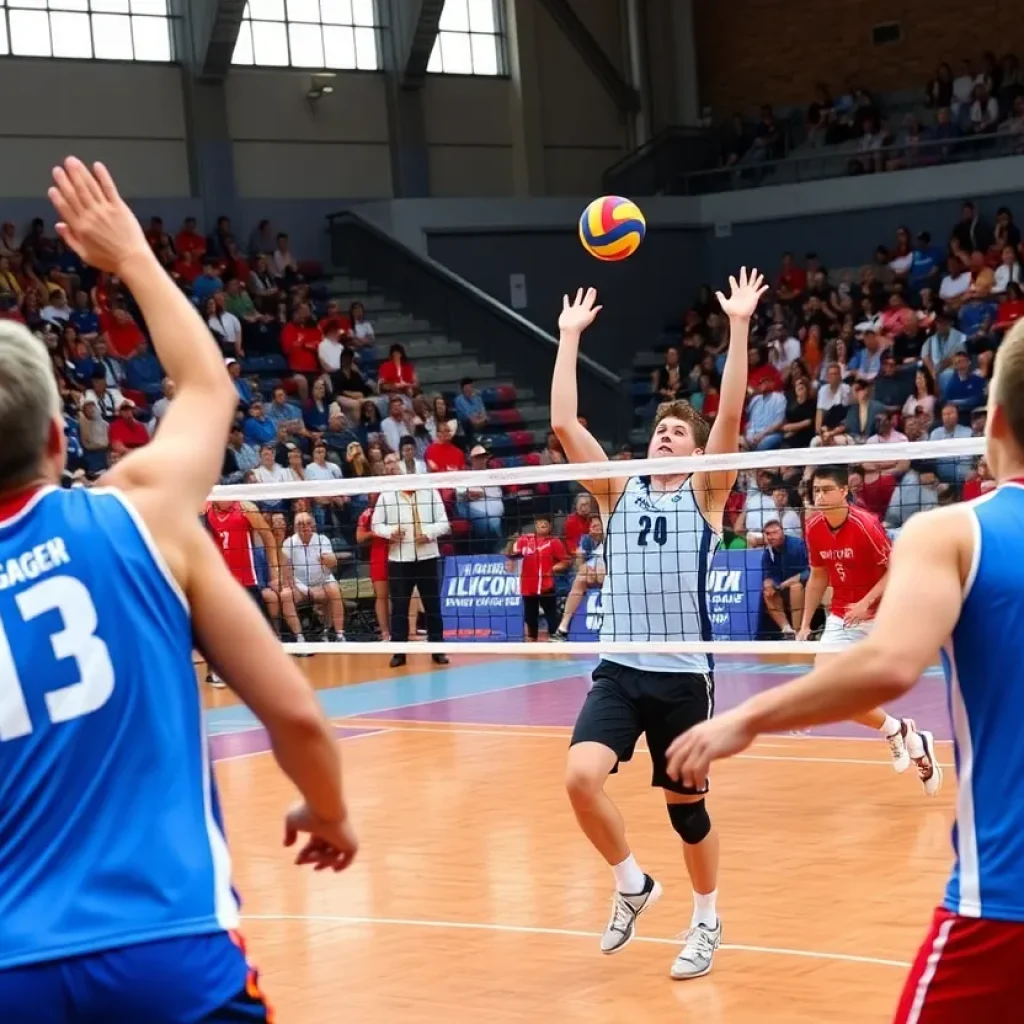 USC men's volleyball players competing in a match