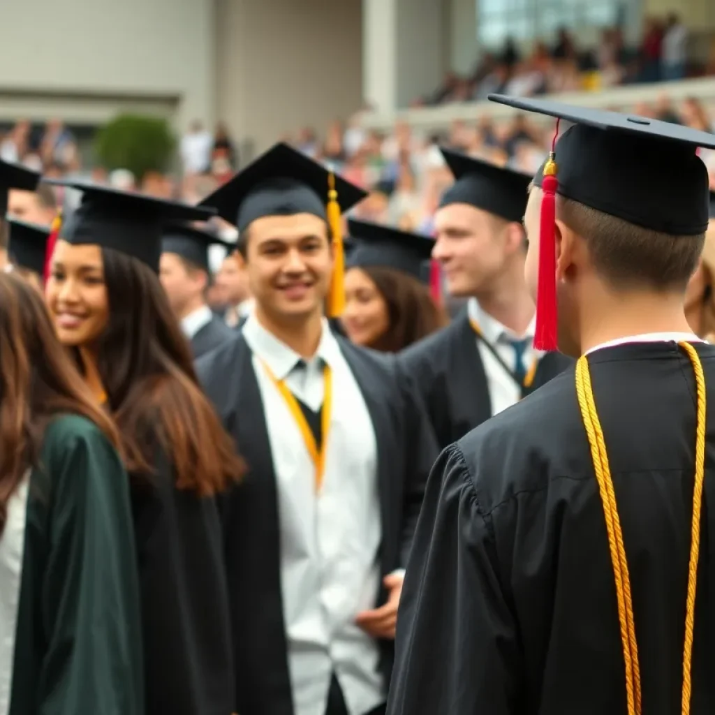 Graduates celebrating at Vanguard University's commencement ceremony.