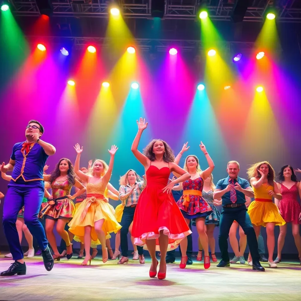 A scene from Vanguard University's Footloose musical showing performers in energetic dance