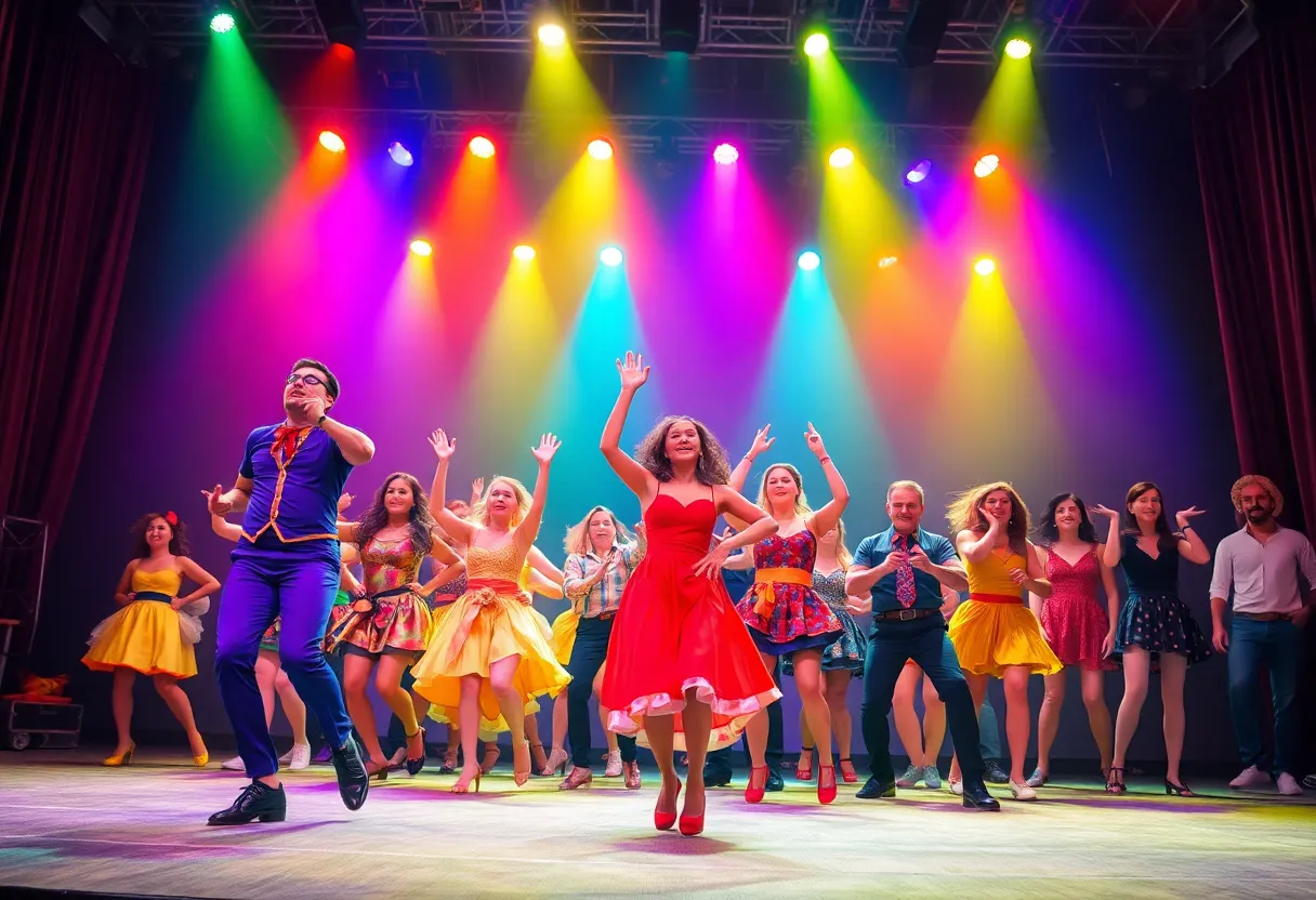 A scene from Vanguard University's Footloose musical showing performers in energetic dance