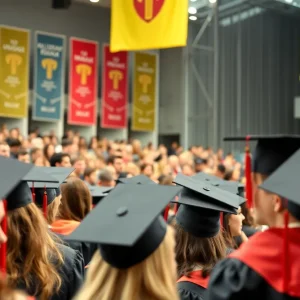 Graduation ceremony at Vanguard University with students celebrating