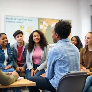 Students participating in a human trafficking awareness program