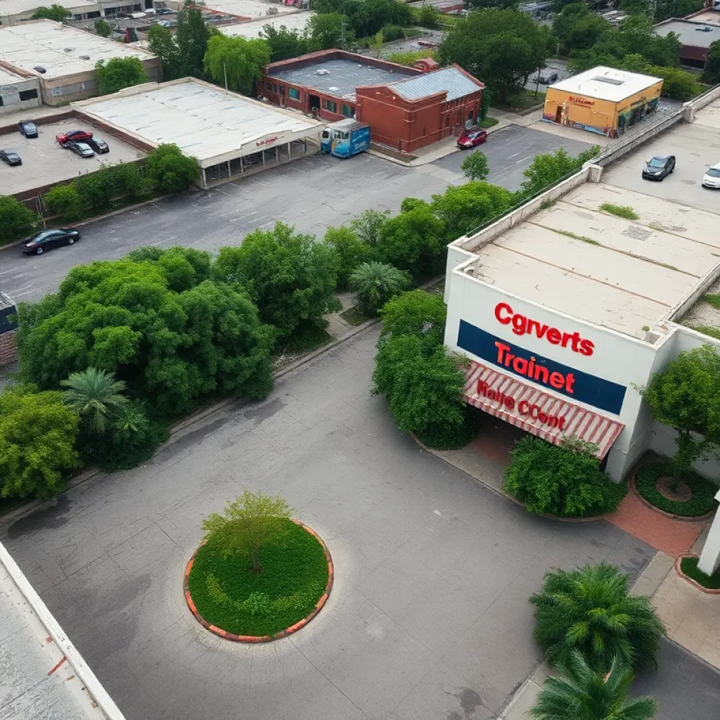 Aerial view of Westminster Mall showing empty storefronts and greenery.