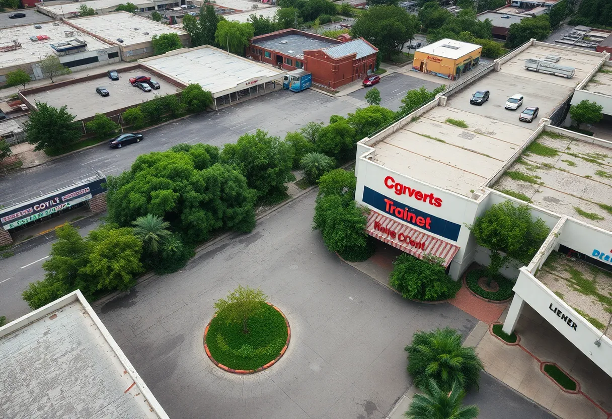 Aerial view of Westminster Mall showing empty storefronts and greenery.