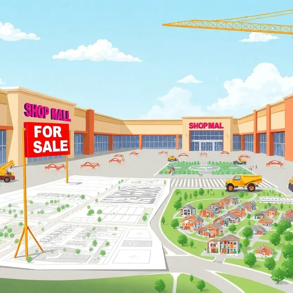 Conceptual image of the Westminster Mall redevelopment showing homes, parks, and a shopping area.