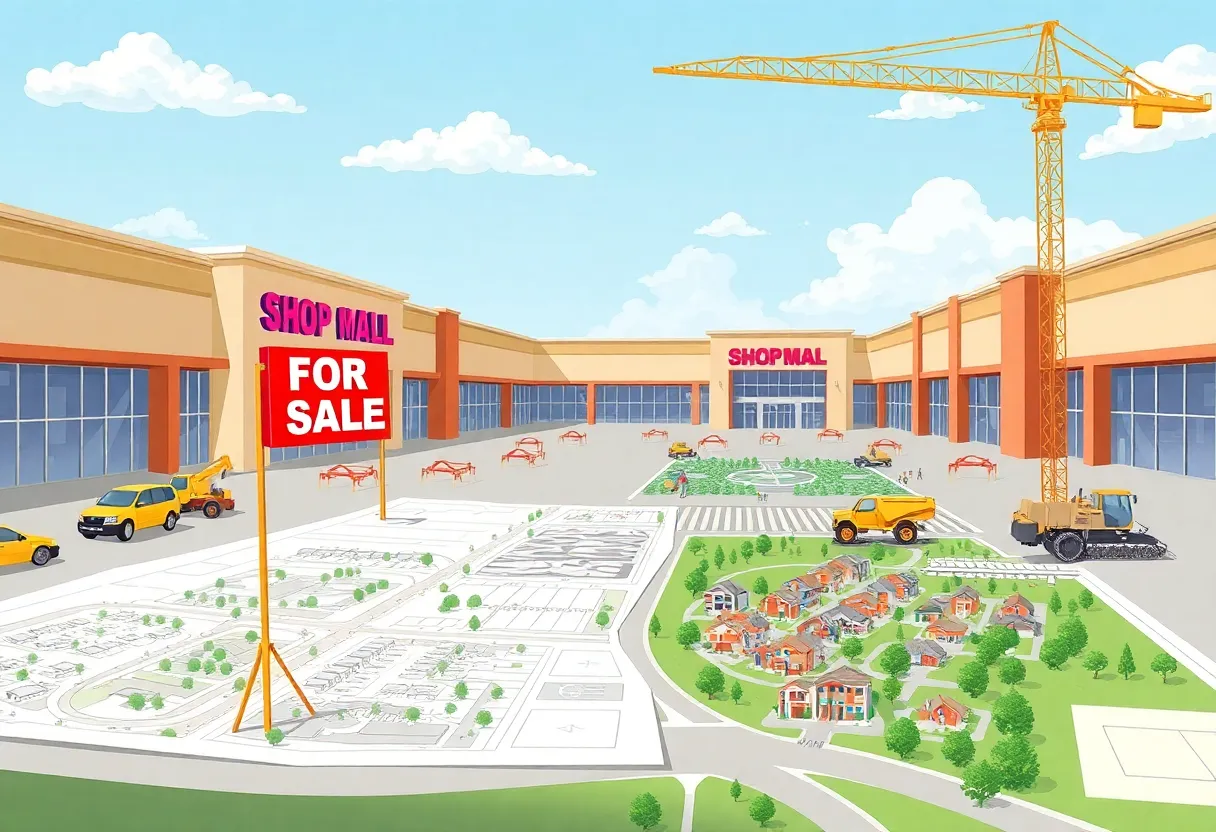 Conceptual image of the Westminster Mall redevelopment showing homes, parks, and a shopping area.