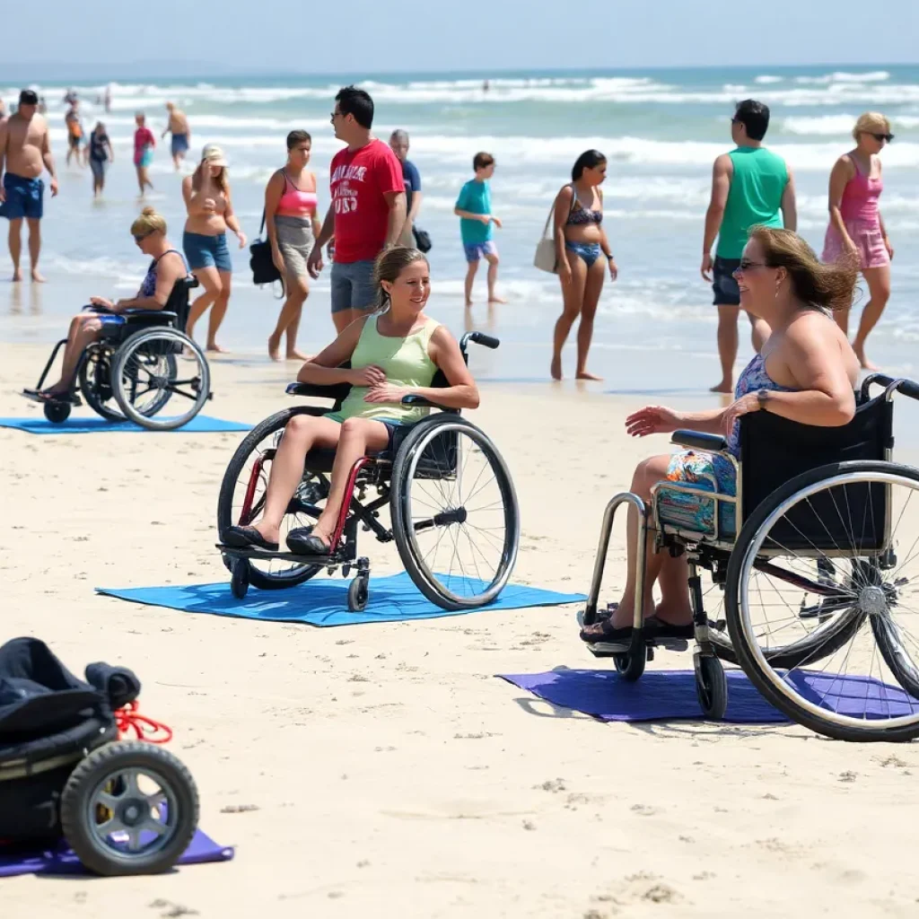 Individuals enjoying the beach with adaptive equipment.