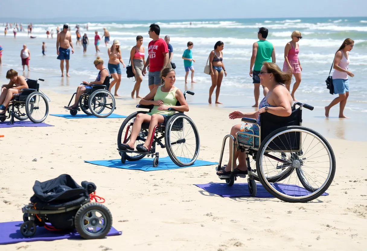 Individuals enjoying the beach with adaptive equipment.