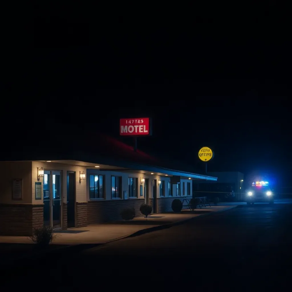Exterior view of the Villa Inn motel with police lights indicating a crime scene.