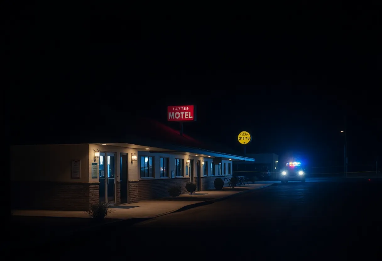 Exterior view of the Villa Inn motel with police lights indicating a crime scene.