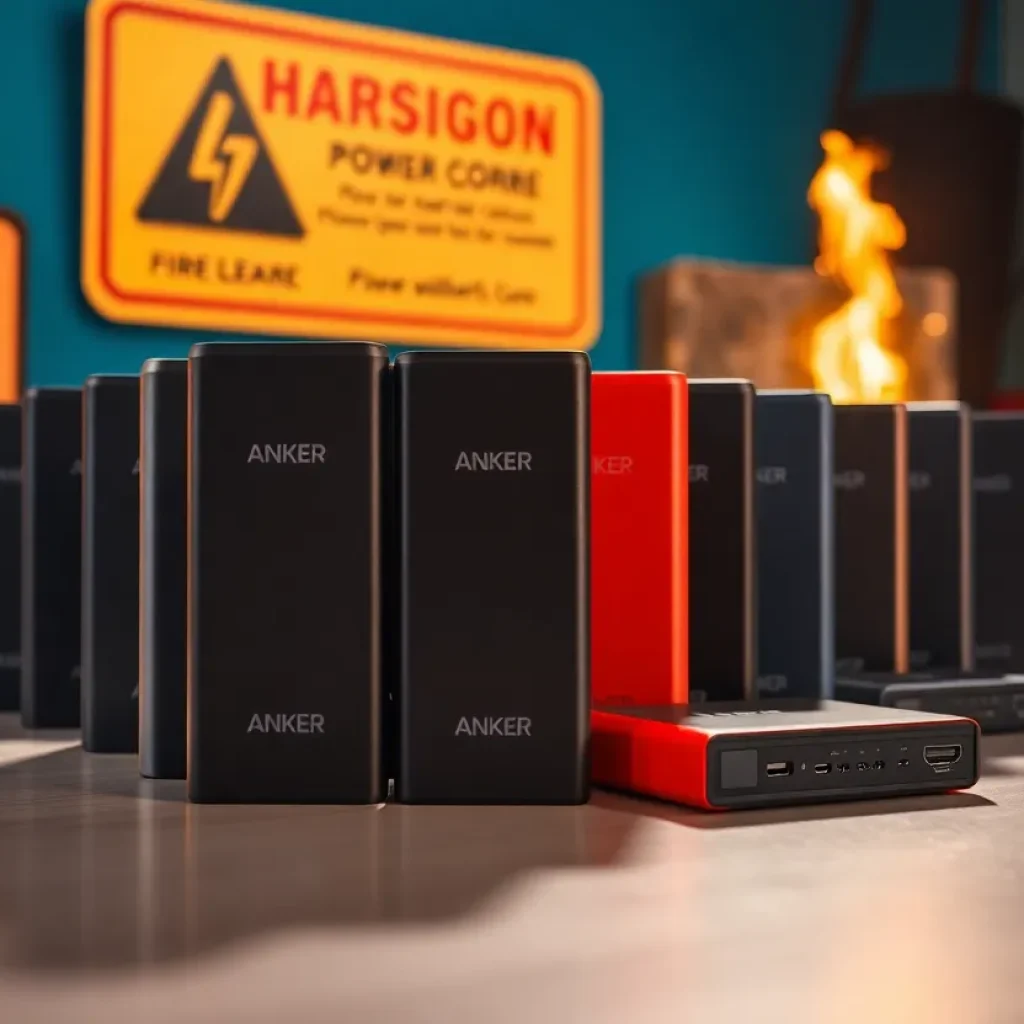 Anker PowerCore 10000 power banks with a fire hazard warning sign