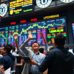 Traders celebrating gains in the Asian stock market