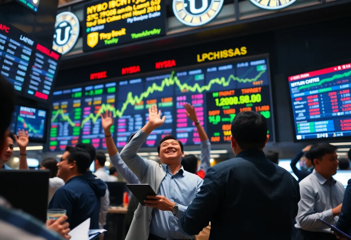 Traders celebrating gains in the Asian stock market