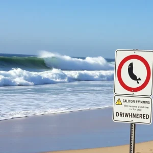 California beach with high waves and warning signs