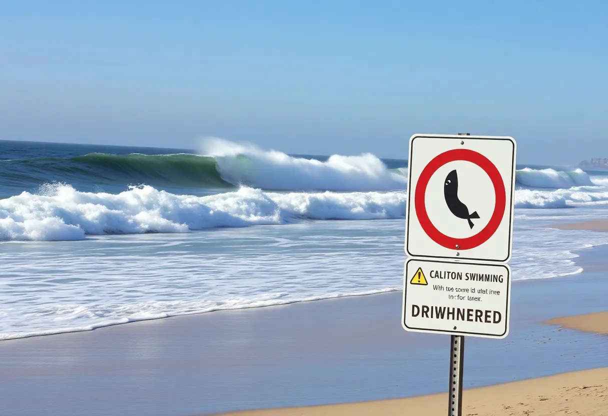 California beach with high waves and warning signs