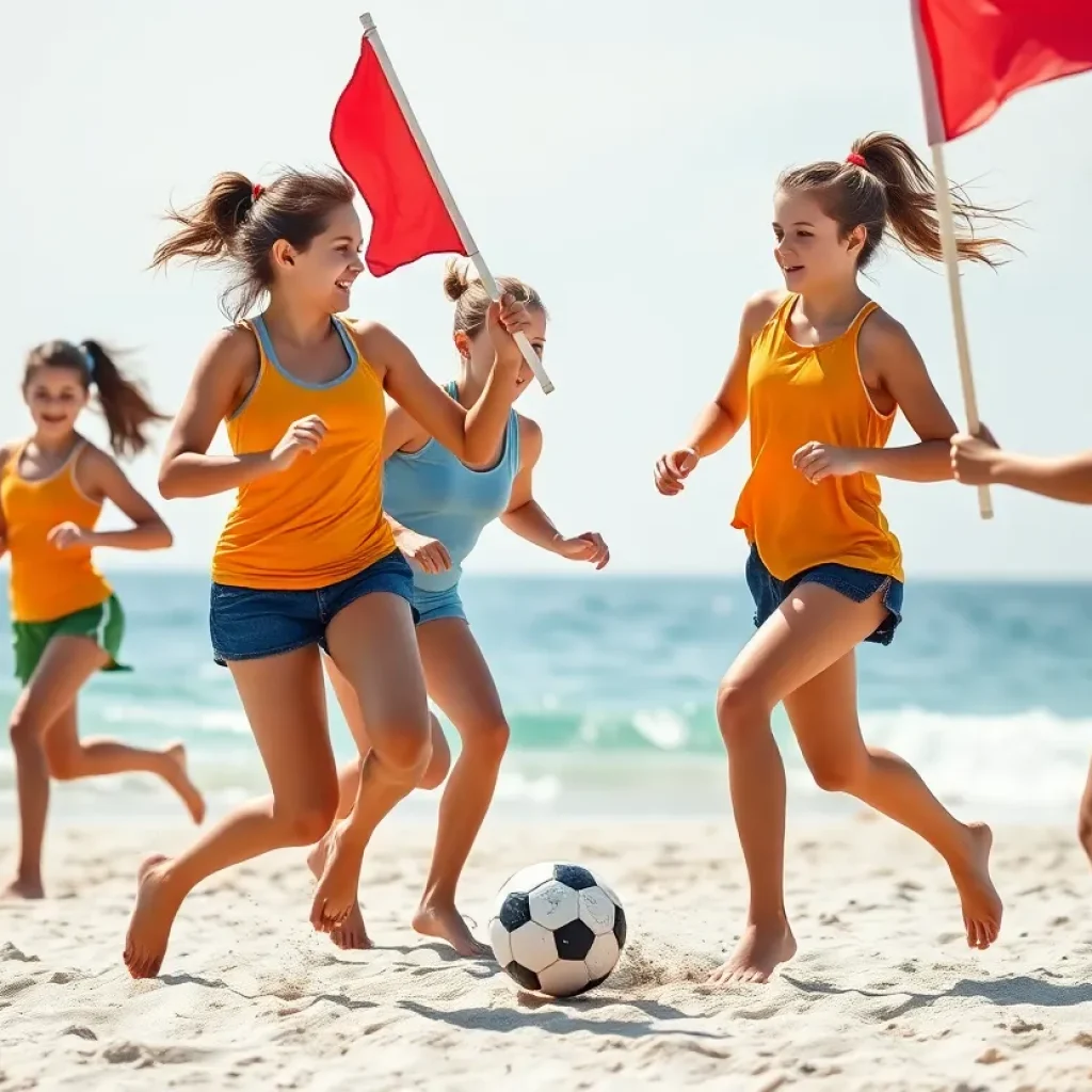 Young female athletes competing in flag football at the Bolts on the Beach tournament.