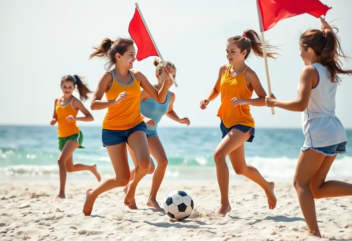 Young female athletes competing in flag football at the Bolts on the Beach tournament.