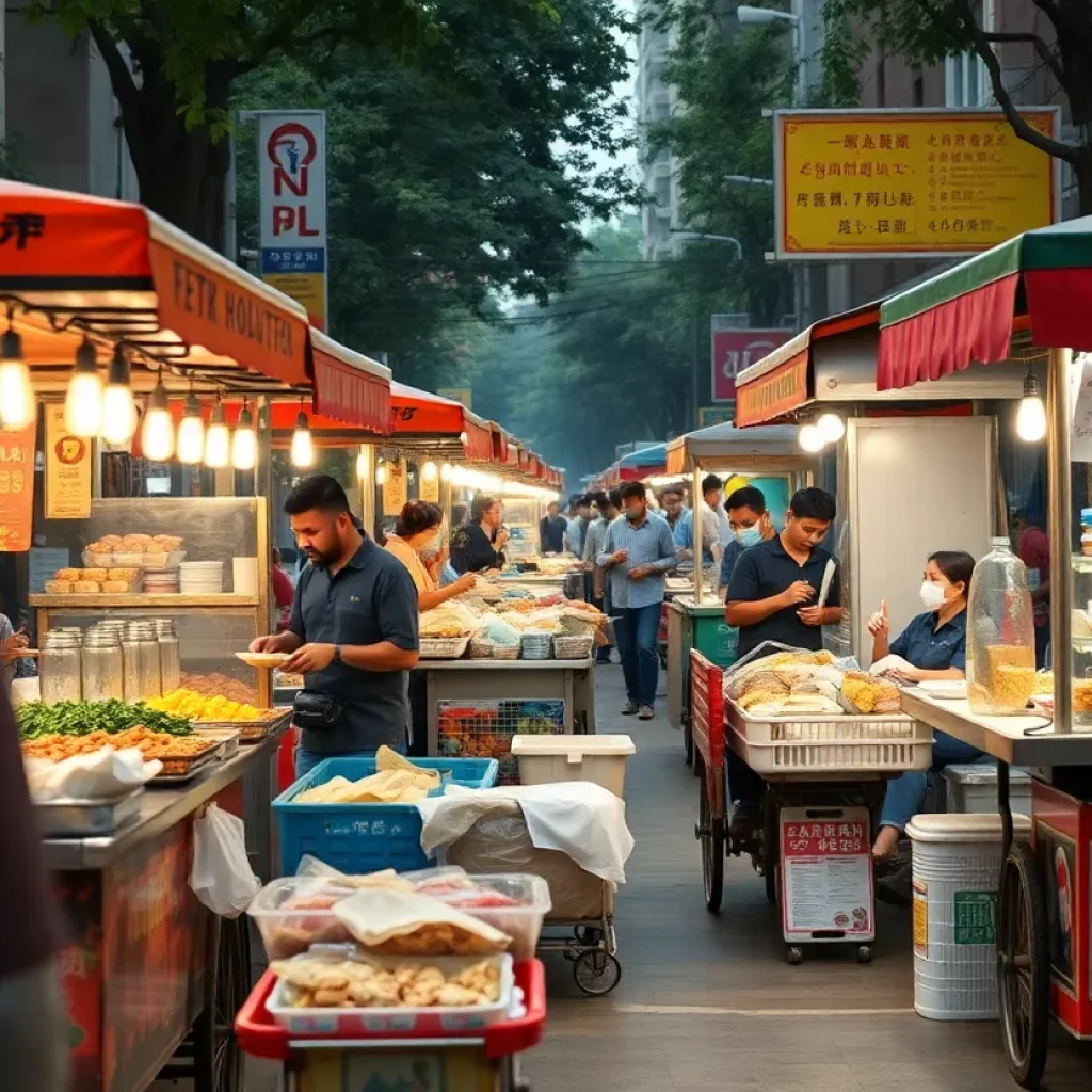 Various street food vendor carts in an urban setting
