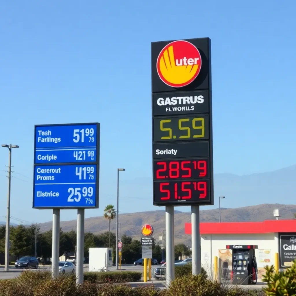 Gas station showing decreasing prices in California
