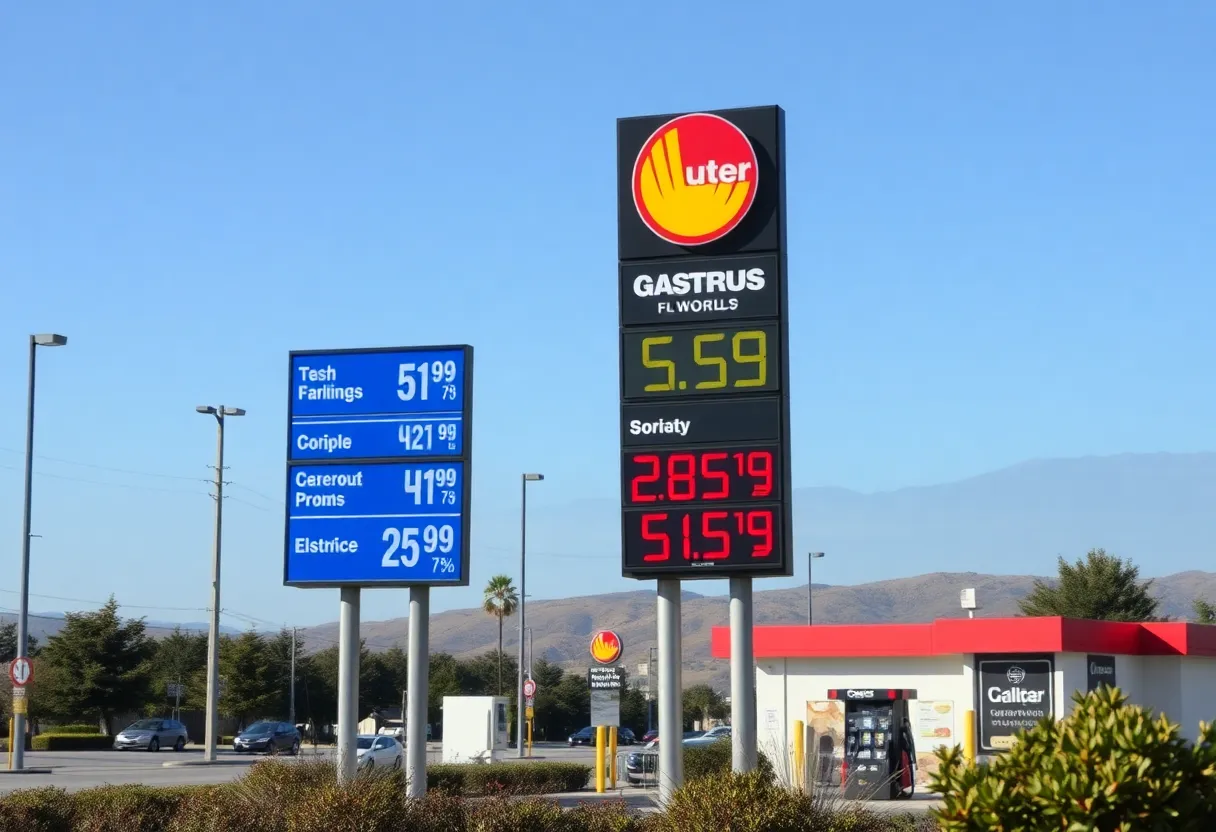 Gas station showing decreasing prices in California