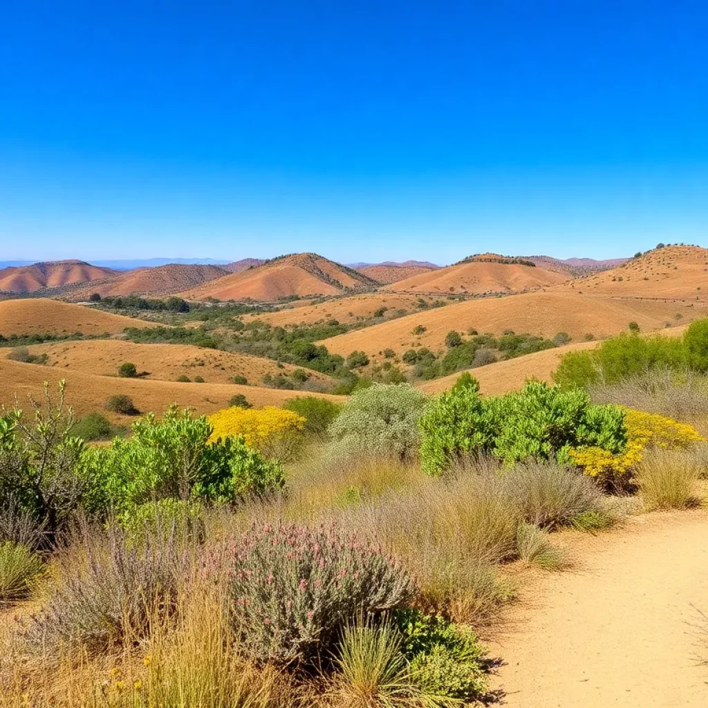 Scenic view of Castlewood Trail surrounded by greenery and hills.