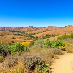 Scenic view of Castlewood Trail surrounded by greenery and hills.