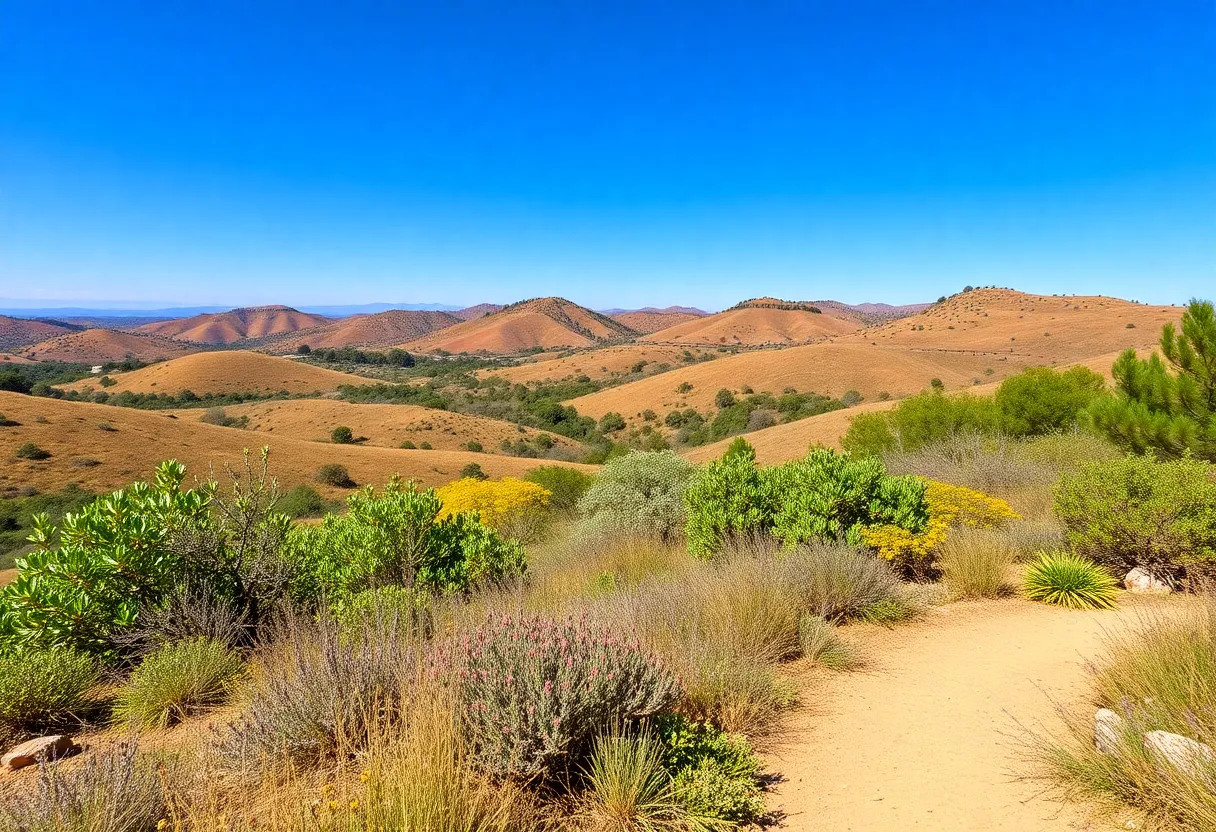 Scenic view of Castlewood Trail surrounded by greenery and hills.