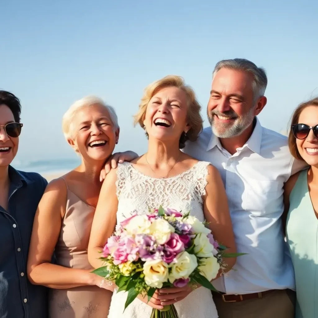 A couple celebrating their wedding anniversary with family in Huntington Beach.