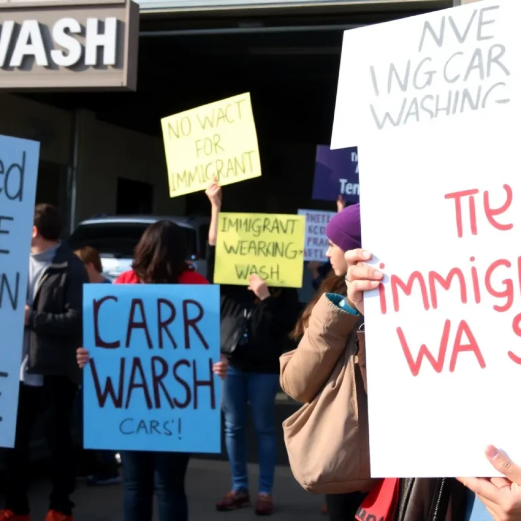 Community gathering with signs supporting immigrant rights