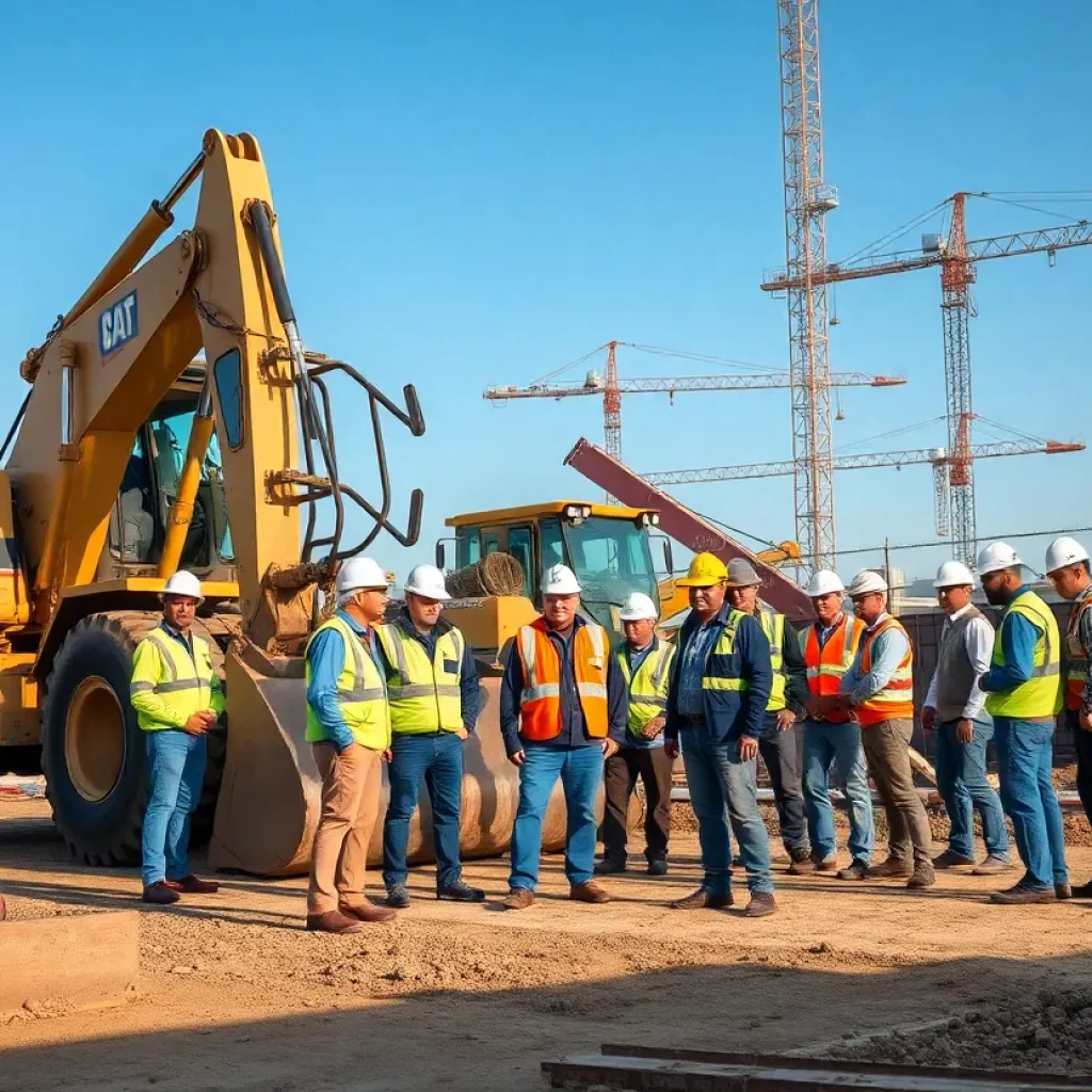 Diverse team of professionals at a construction site with heavy machinery.