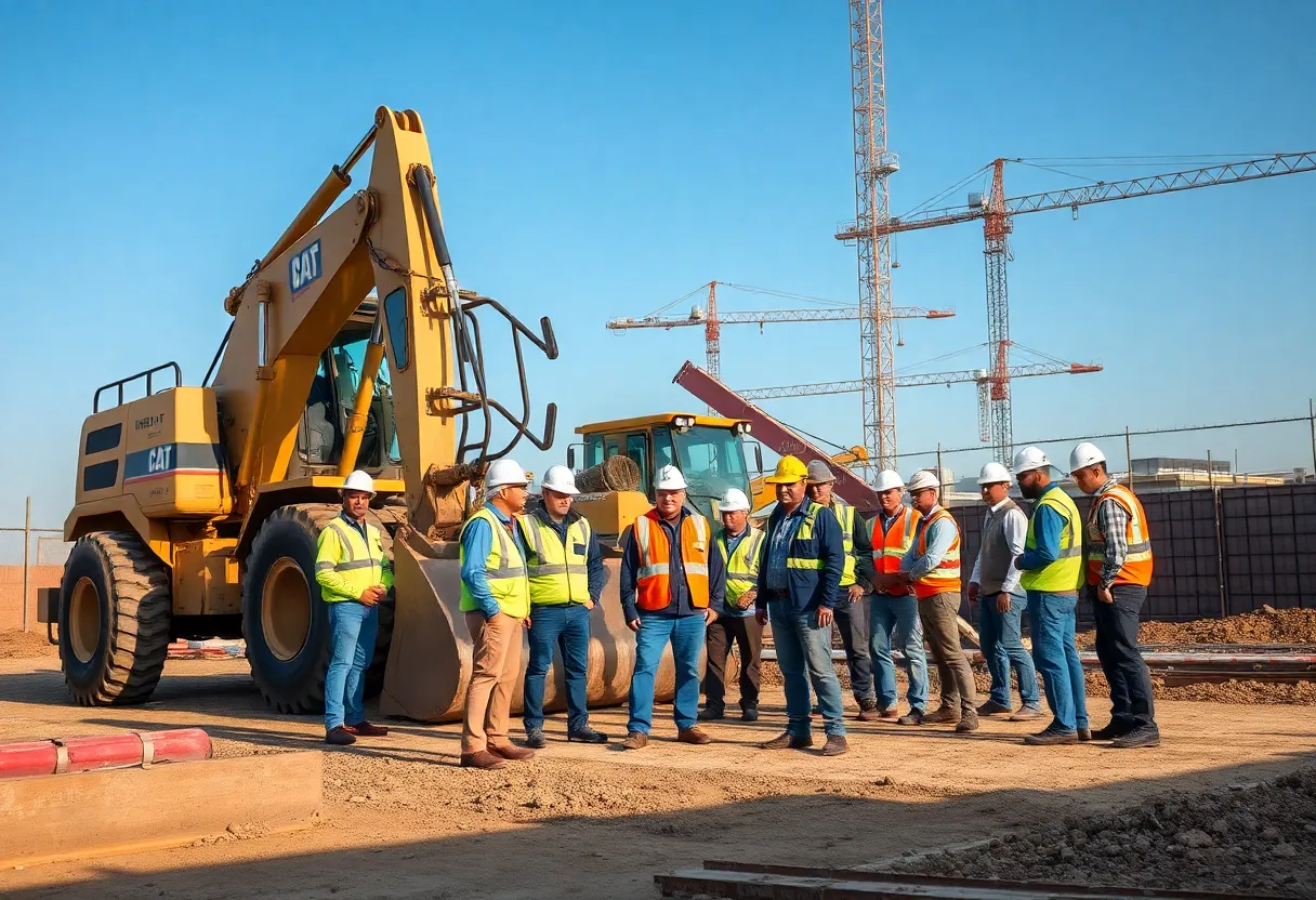 Diverse team of professionals at a construction site with heavy machinery.