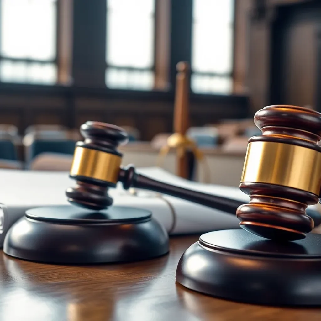 An empty courtroom with a gavel and legal documents