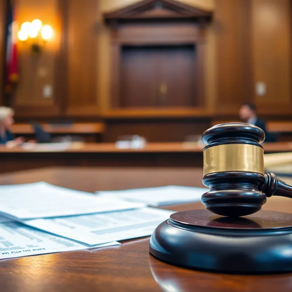A courtroom scene symbolizing a trial about workplace harassment