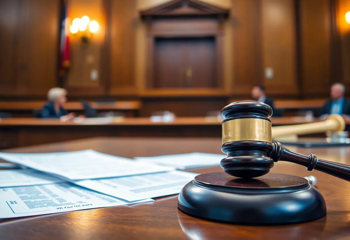 A courtroom scene symbolizing a trial about workplace harassment