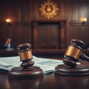 Illustration of a courtroom with legal documents.
