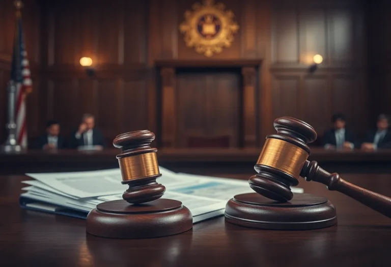 Illustration of a courtroom with legal documents.