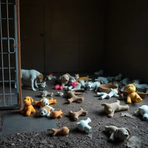 An empty dog kennel with scattered toys, symbolizing lost pets and animal neglect